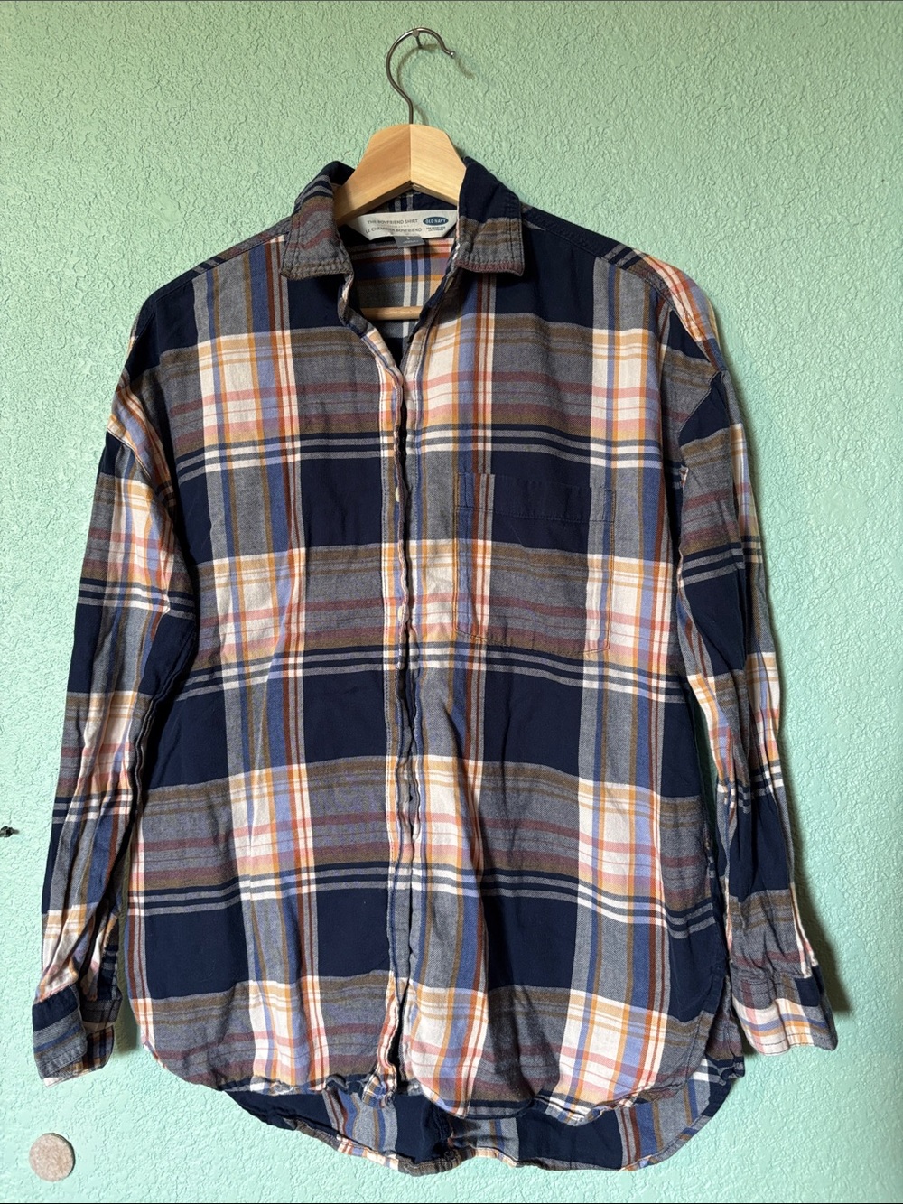 Old Navy Tan Navy Plaid Button-Down Boyfriend Shirt Women’s Small/Petite Good